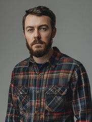Obraz premium A neatly bearded man in a plaid shirt giving a calm and steady stare