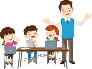 happy teacher and student learning computer