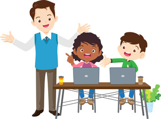 happy teacher and student learning computer