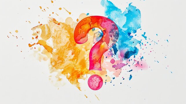 watercolor, the question mark logo, vivid hues, a backdrop of pure white, and watercolor pixels