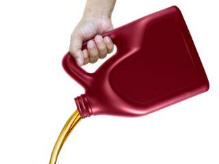 Engine oil pouring from a canister in hand, transparent background