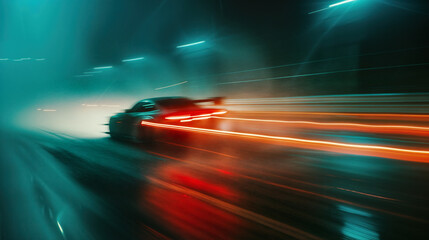 Racing sportts car driving with fast speed on the road with motion blur at night - 763282713