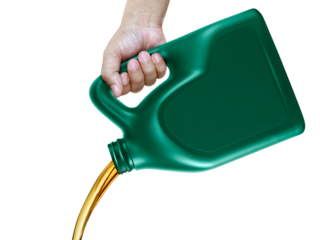 Engine oil pouring from a canister in hand, transparent background