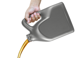 Engine oil pouring from a canister in hand, transparent background
