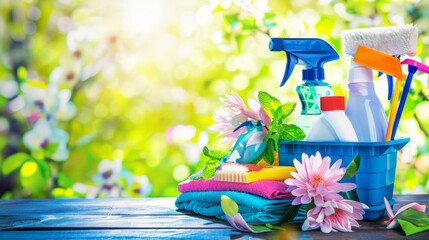 Colorful Cleaning Supplies on Wooden Table with Blurred Blue Background