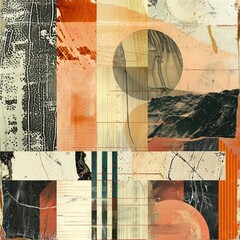 A collage of vintage textures and patterns, reimagined in a modern, abstract composition,