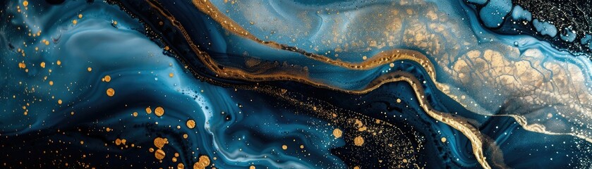 A fluid art background with marbling effect in shades of blue and gold,