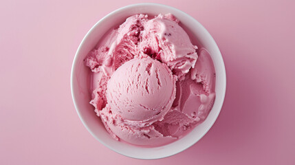 Bowl of pink ice cream isolated on pink background. Top view