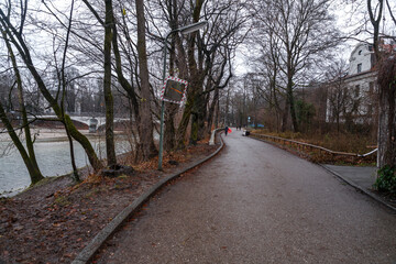 Beautiful autumn and winter colors around Isar River in Munich, Germany