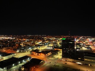 Grande Prairie aerial view of the city downtown at night, Alberta, Canada