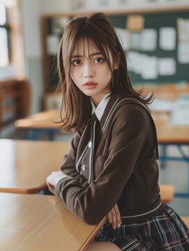 Asian Young Girl, In School Uniform, In Class At School, Wearing A Mini Skirt, Beautiful And Cute