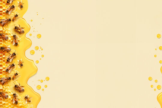 bordure de miel, avec le gâteau de cire et les abeilles dessus, quelques éclaboussures sur fond beige jaune avec espace négatif copy space