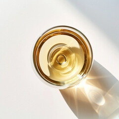 Refreshing glass of white wine bathed in sunlight on a serene white background captured from above