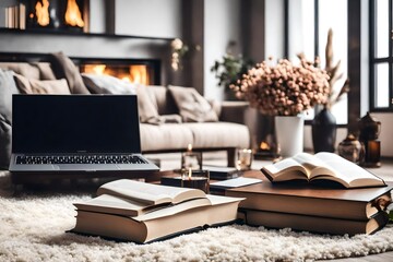 Books, smartphone and laptop lying on white carpet in modern luxury living room interior, cozy...