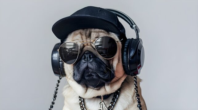 Sunglasses, a cap and headphones make the image of a pug unique and memorable, adding charm and originality to it.