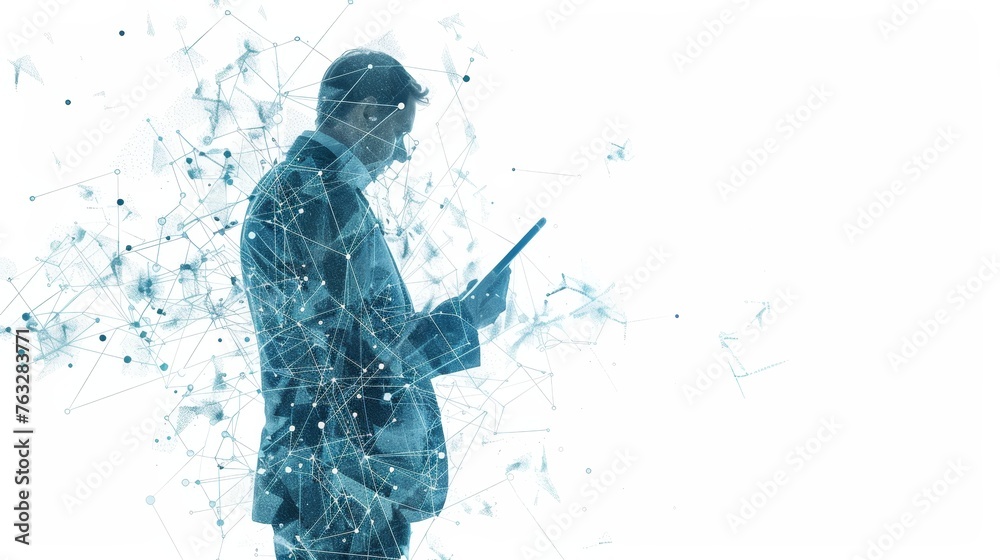 Poster this is an illustration of a businessman using a tablet computer on a white background. this is a lo