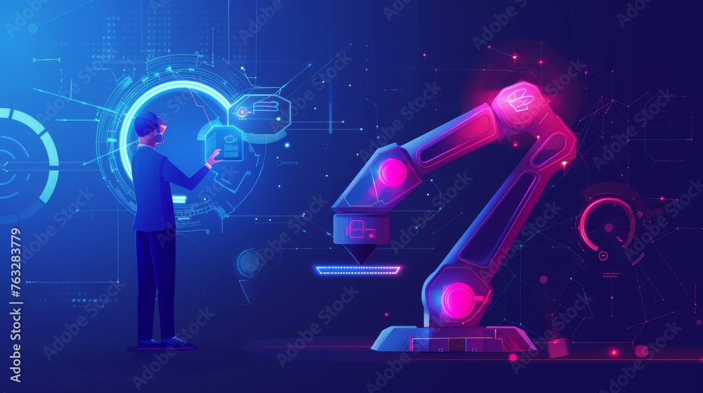 Aufkleber A polygonal engineer is holding a tablet and controlling a robotic arm and robotic tool. Smart technology manufacturing process is shown in dark blue. Modern image of industrial technology,