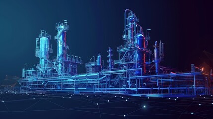 Polygonal naphtha industry, earth mining, mineral resource extraction mesh art illustration. 3D oil refinery, plant equipment with connected dots.