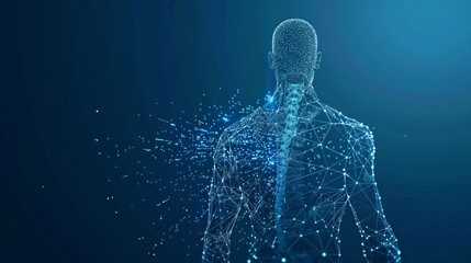 Animated low poly wireframe illustration of a human body on a blue background. Polygonal top of a human body with polygons, particles, lines and connected dots.