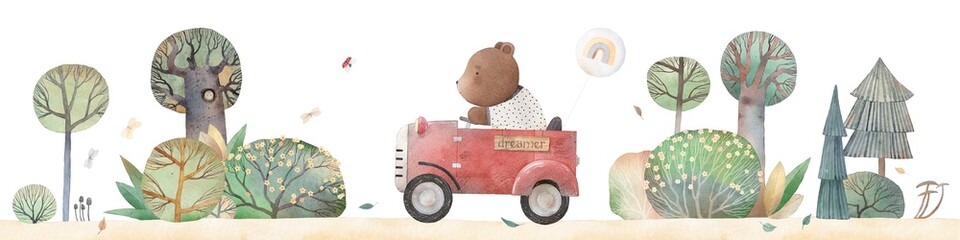 Bear rides in a red retro car. Watercolor illustration. Children's decor. Landscape with car and flower bushes.