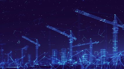 An illustration of a construction site with a lot of tower cranes. Low poly wireframe digital modern illustration with polygons, lines, particles, and connected dots. - obrazy, fototapety, plakaty