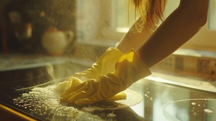 Close-up of Woman in Yellow Gloves Cleaning Kitchen at Home - obrazy, fototapety, plakaty