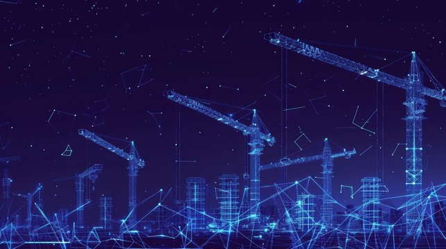 An illustration of a construction site with a lot of tower cranes. Low poly wireframe digital modern illustration with polygons, lines, particles, and connected dots.