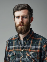 Fototapeta premium A studio shot of a young man with a neat beard, donning a green and navy checked shirt