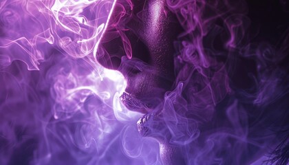 a purple illuminated woman face closeup with purple smoke