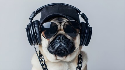 A pug in sunglasses, cap and headphones on a white background looks stylish and funny, emphasizing its uniqueness and bright character.