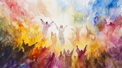 Foto op Canvas watercolor illustration of Jesus preaching with his people © Doni_Art