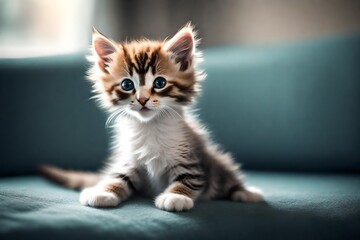 A beautiful kitten sitting on a sofa.