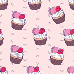 Seamless pattern of cute sweet cupcake. Pink cupcakes and macarons. Pattern for fabric and wrapping paper, Pattern for design wallpaper and fashion prints.