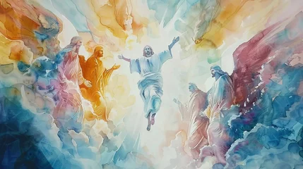 Fotobehang watercolor illustration of Jesus preaching with his people © Doni_Art
