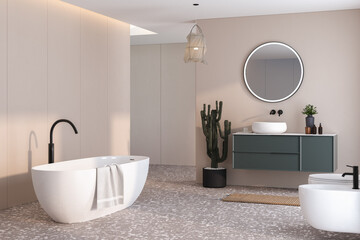 A bathroom with a white bathtub and a green sink. The bathroom is decorated with a potted plant and a towel