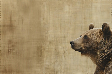 tête d'ours brun de profil, sur un fond brun beige en tissu, type lin avec espace négatif copy space. Animal sauvage - obrazy, fototapety, plakaty