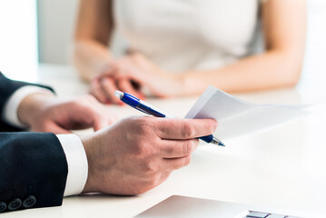 Lawyer with client, employee meeting boss, student guidance with counselor, job interview with...