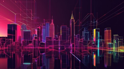 An abstract city skyline created with minimalist shapes and neon outlines,