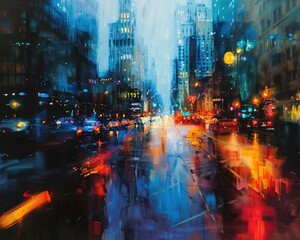 An abstract cityscape at night, with blurred lights and shapes suggesting urban energy,