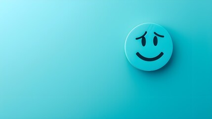 A blue sad emoji face set against a serene light blue background - obrazy, fototapety, plakaty