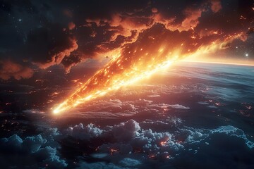 Asteroid entering planet Earth atmosphere before impact, meteor warning from space,