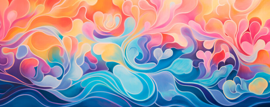 This painting features a vibrant wave of water, with a myriad of colors blending and crashing together. The wave appears dynamic and energetic, capturing the essence of movement. Banner. Copy space