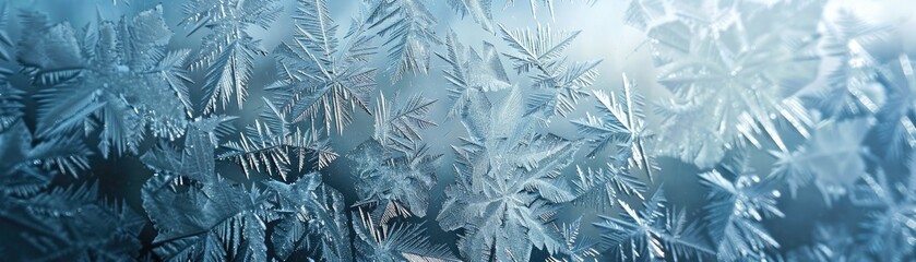 An intricate lattice of frost patterns on a glass surface, capturing the beauty of cold, - obrazy, fototapety, plakaty