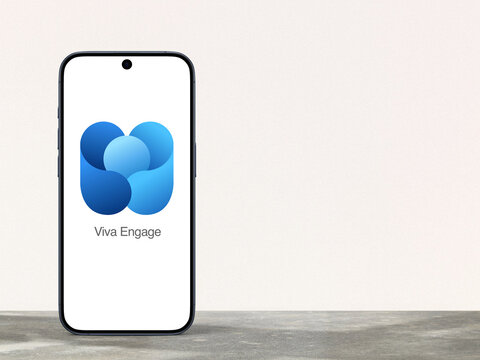 Viva Engage Logo is displayed on a modern smartphone, enterprise social networking service that is part of the Microsoft 365 family of products, Microsoft, Yammer