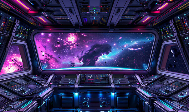 A hyper-realistic spaceship panel made of metal, with a top squared panoramic view of space, featuring neon blue and purple details. Generative Ai