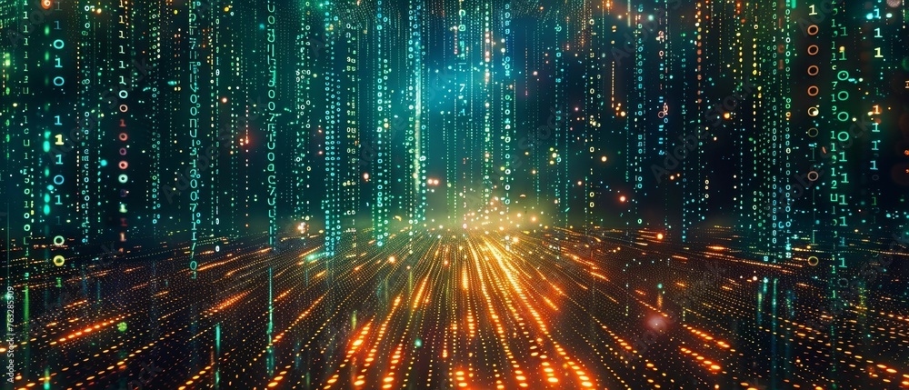 Poster Concept of digital transformation. System engineering. Binary code. Programming.