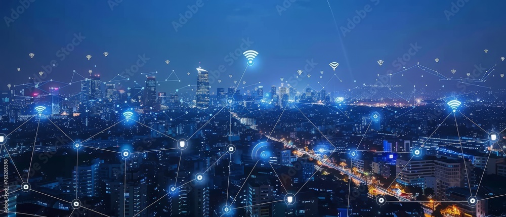 Poster the concept of a smart city and communication network. 5g. lpwa (low power wide area). wireless comm