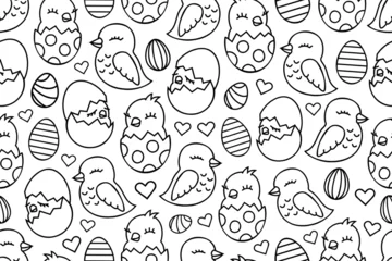 Foto auf Glas Line art newborn chickens seamless patterns. Chickens from cracked eggs repeating pattern. © Gexam