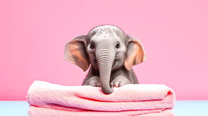 A baby elephant wrapped in a pink towel after a bath - obrazy, fototapety, plakaty