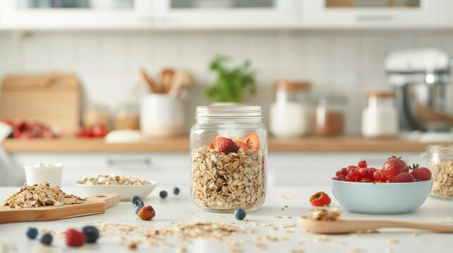 A glass jar of muesli with fruit on the kitchen table is surrounded by milk and fruits in small bowls. On top there's an empty wooden board for creating intricate patterns. 